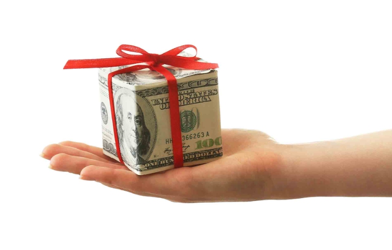 a person holding a money package with a red bow