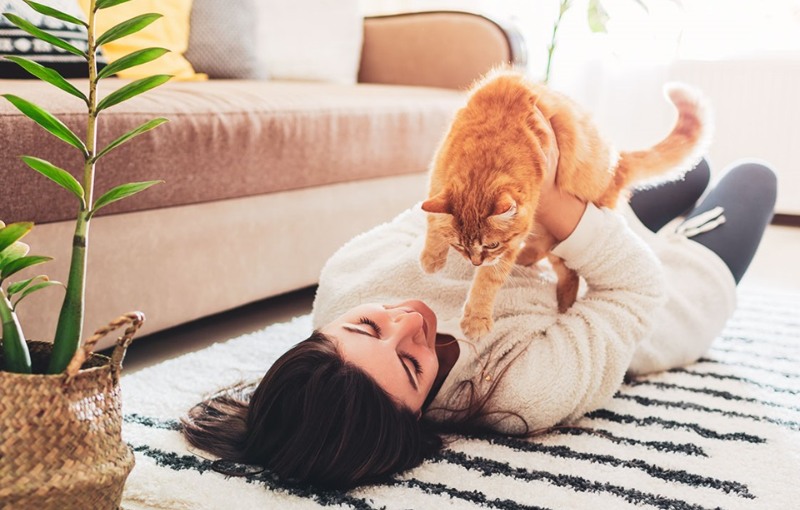 a woman playing with her cat